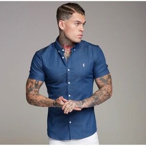 Father Sons Mens Blue Denim Stretch Slim Fit Short Sleeve Button Down Shirt M